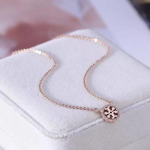 NewTory Burch Rose Gold Pave Logo Necklace - Picture 2 of 6
